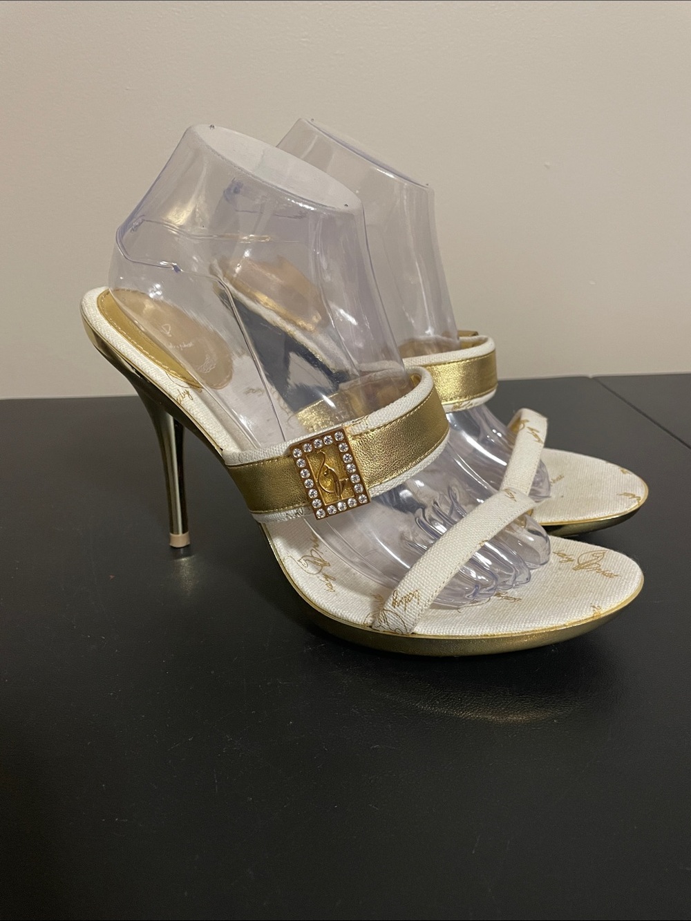 Baby Phat Gold Colour and Rhinestone Buckle Stiletto Heels Size 9